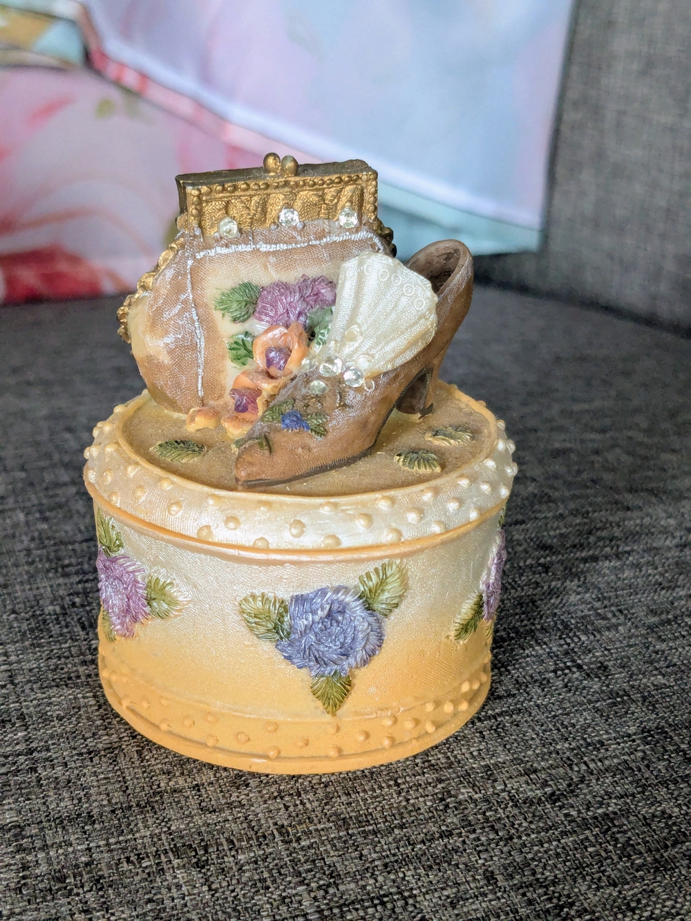 Victorian Shoe & Purse Decorative Trinket Box - Yellow, Cream, Lavender